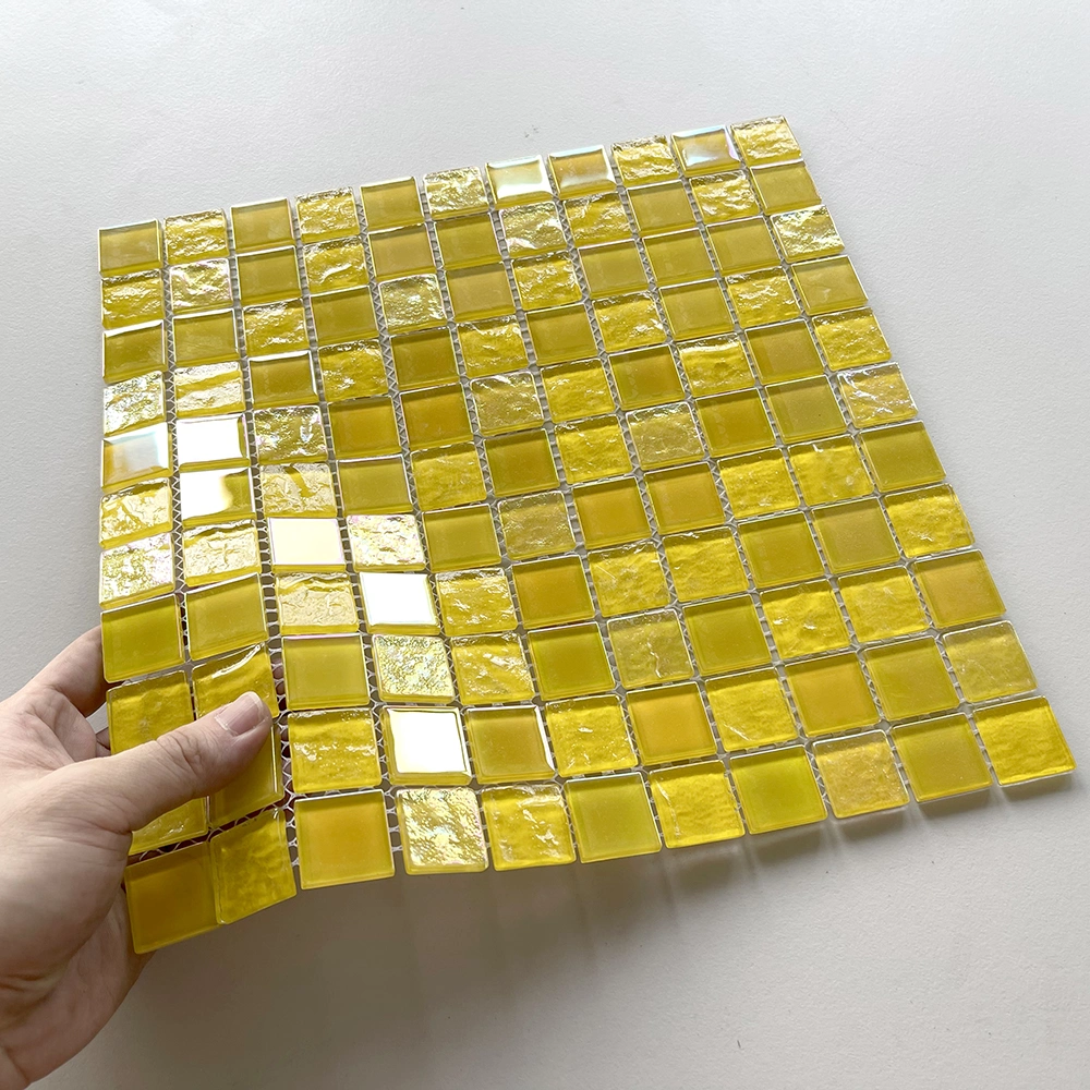 Square Pattern Glass Yellow Mosaic Tile Iridescent Wall Tile