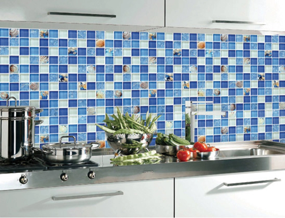 Good Price 30X30 China Foshan Factory Manufacture Swimming Pool Mosaic Balcksplash Blue Glass Seashell Mosaic Wall Tile