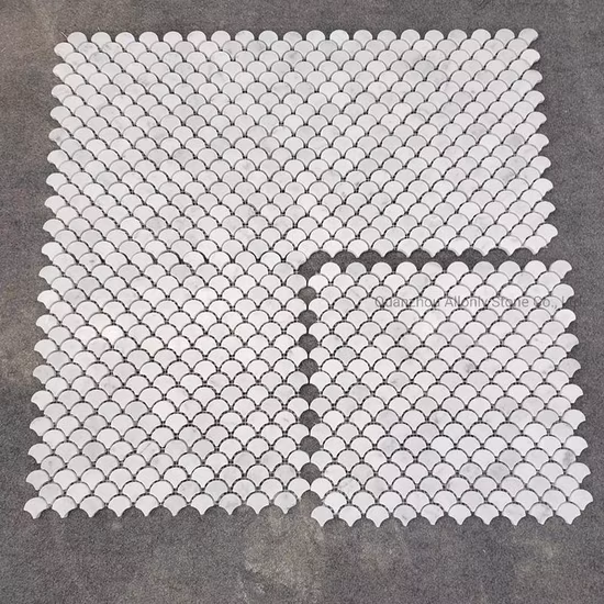 Carrara White Marble Grand Fish Scale Fan Shaped Mosaic Tile Honed for Kitchen and Bathroom Backsplash